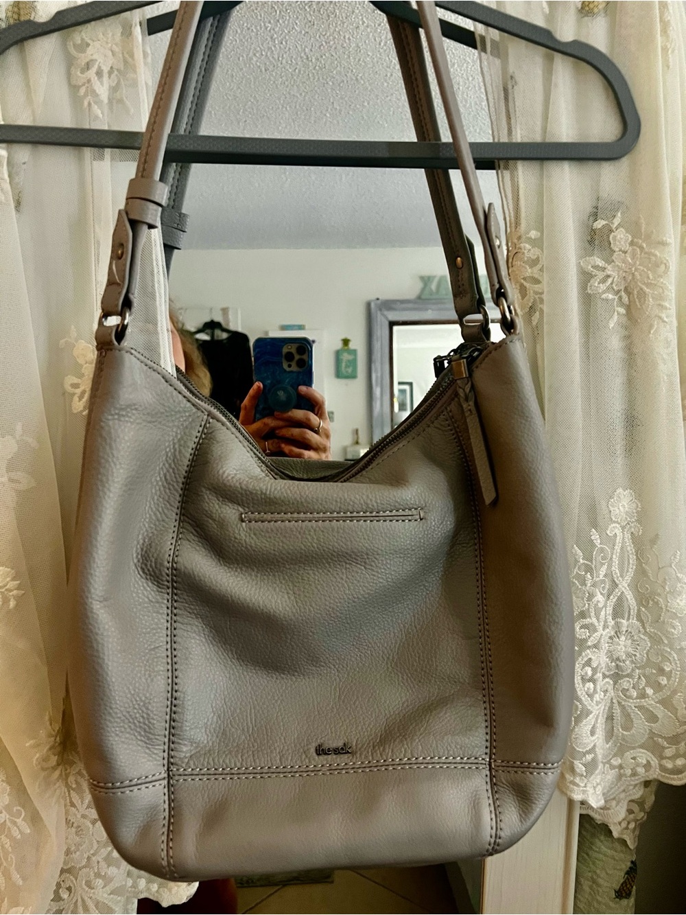 The Sak Gray Leather Shoulder Hobo Bag